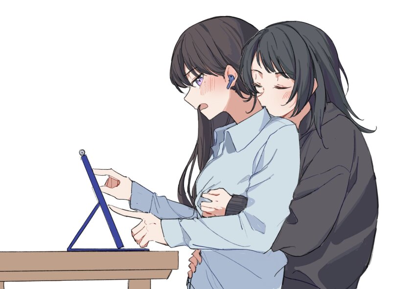 2girls bang_dream! bang_dream!_it&#039;s_mygo!!!!! black_hair black_sweater blue_shirt blush brown_hair chinese_commentary closed_eyes collared_shirt commentary_request hand_on_another&#039;s_waist highres hug hug_from_behind jenjen long_hair long_sleeves mole mole_under_eye multiple_girls open_mouth purple_eyes shiina_taki shirt simple_background sweater tablet_pc white_background wireless_earphones yahata_umiri yuri