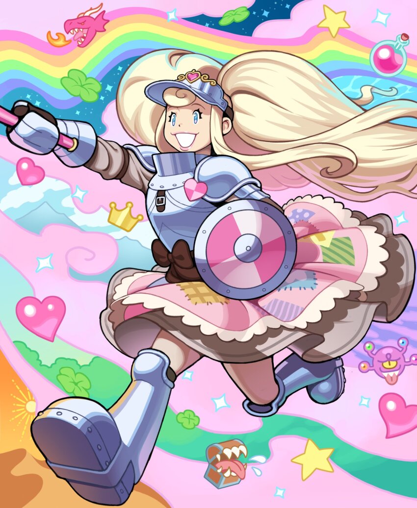 absurdly_long_hair bad_link blonde_hair blue_eyes gandg height highres holding holding_mace holding_weapon honey_luxmoore_(gandg) long_hair mace original pink_lips skinny thick_lips toned toned_female very_long_hair weapon