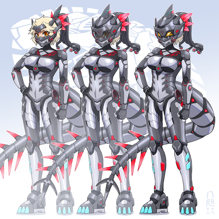 1girl armor assault_visor blonde_hair breasts cyborg dinomorphia_kentregina duel_monster full_body hand_on_own_hip headgear highres large_breasts mechanical_tail multiple_views robot_girl short_hair standing tail yata_masahara yu-gi-oh!