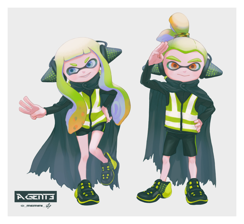 1boy 1girl agent_3_(splatoon) artist_name behind-the-head_headphones bike_shorts black_cape black_footwear black_jacket black_shorts blue_eyes border cape character_name closed_mouth commentary_request full_body gradient_hair green_hair grey_background grin hair_ornament hair_scrunchie hand_on_own_head hand_on_own_hip headphones high-visibility_clothing high-visibility_vest highres inkling jacket long_hair long_sleeves memi_(gamemix) multicolored_hair multicolored_scrunchie nintendo orange_eyes orange_hair scrunchie shorts simple_background smile splatoon_(series) standing standing_on_one_leg tentacle_hair topknot torn_cape torn_clothes two-tone_hair w white_border