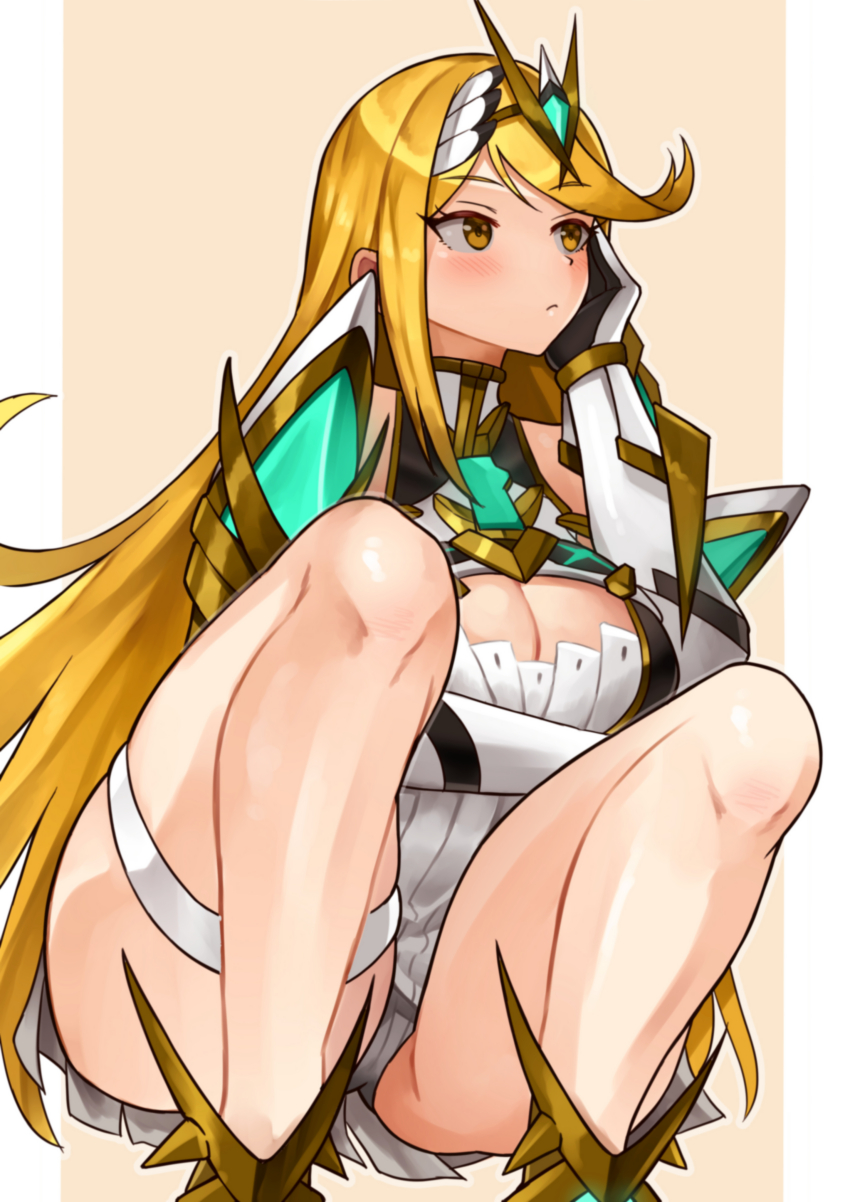 1girl absurdres blonde_hair blush border breasts brown_background chest_jewel cleavage cleavage_cutout clothing_cutout core_crystal_(xenoblade) dress feet_out_of_frame highres large_breasts long_hair looking_at_viewer mythra_(xenoblade) panties simple_background solo squatting tiara underwear white_border white_dress white_panties xenoblade_chronicles_(series) xenoblade_chronicles_2 yotsuha_uni