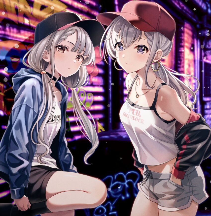 2girls absurdres asymmetrical_bangs bare_shoulders baseball_cap black_choker black_shorts blue_jacket blush braid braided_bangs breasts camisole casual choker collarbone commentary_request earrings grey_hair grey_shorts hat highres hisakawa_hayate hisakawa_nagi hood hooded_jacket hoop_earrings idolmaster idolmaster_cinderella_girls jacket jacket_partially_removed jewelry light_smile long_hair looking_at_viewer medium_breasts multiple_girls necklace open_clothes open_jacket ponytail popon_ta short_shorts shorts siblings sisters twins twintails very_long_hair white_camisole