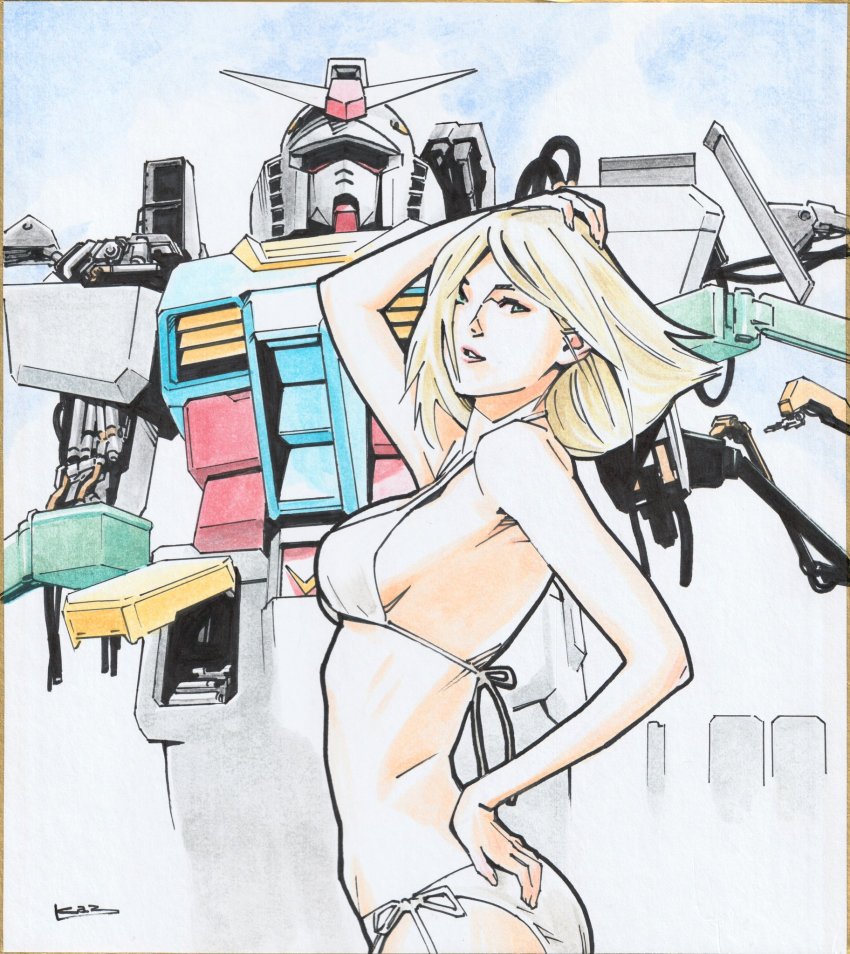 1girl bikini blonde_hair blue_eyes breasts floating_hair gundam hand_on_back hand_on_own_head highres looking_to_the_side mecha medium_breasts mobile_suit_gundam parted_bangs robot rx-78-2 sayla_mass shikishi short_hair sideboob signature swimsuit toweling3 traditional_media white_bikini