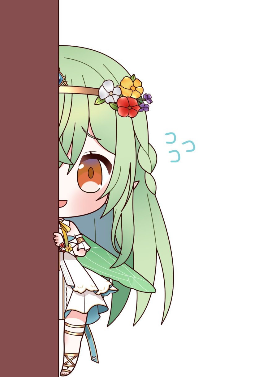 1girl arm_cuffs bare_shoulders blush braid brown_footwear chibi dress flower flying_sweatdrops green_hair green_wings hair_between_eyes highres neck_ribbon peeking_out peony_aeria pointy_ears production_kawaii purple_flower red_eyes red_flower ribbon salia sidelocks solo thigh_strap tiara virtual_youtuber white_background white_dress white_flower wings wrist_cuffs yellow_flower yellow_ribbon