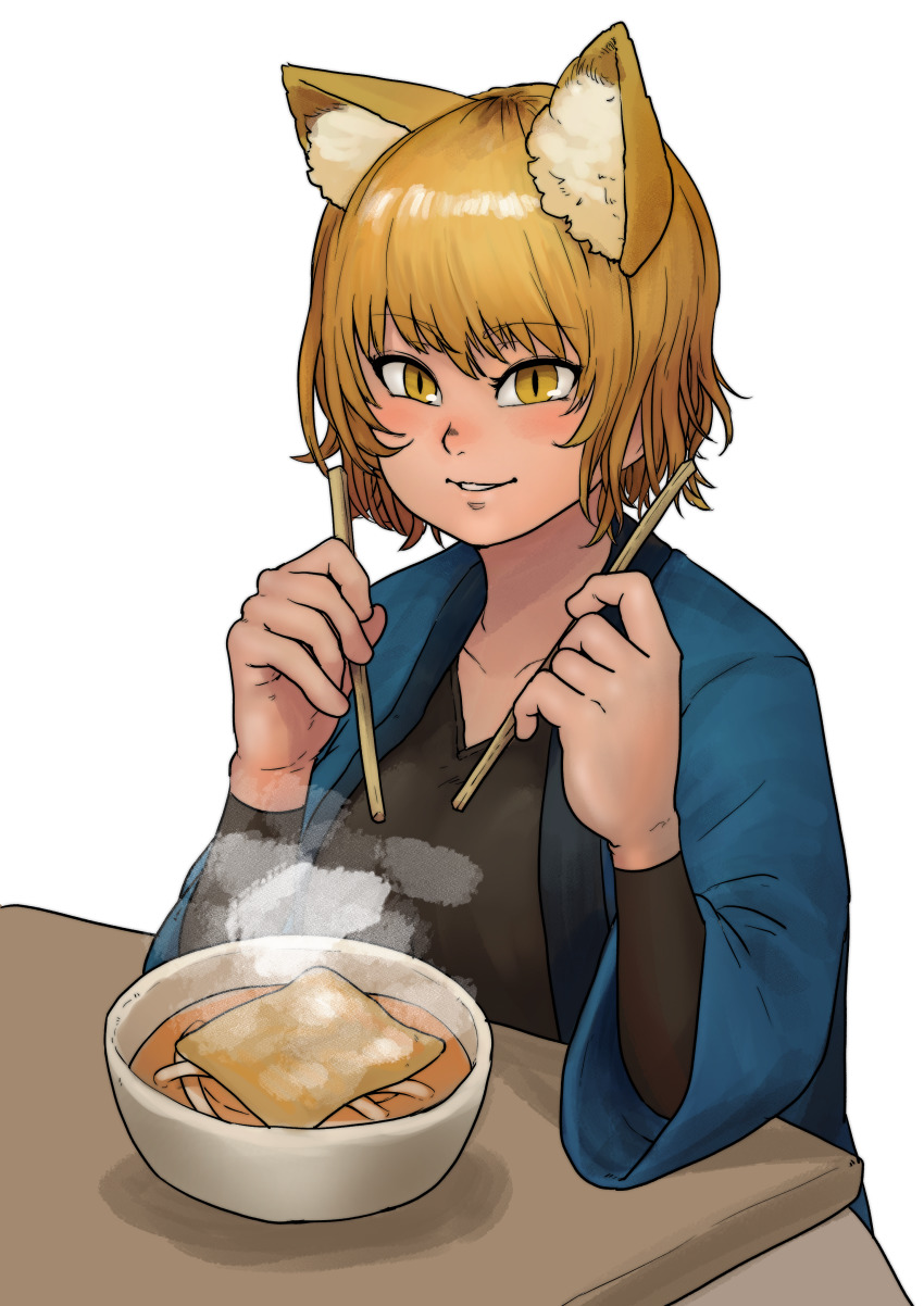 1girl absurdres aburaage alternate_costume animal_ear_fluff animal_ears black_shirt blonde_hair blush bowl chanta_(ayatakaoisii) chopsticks collarbone commentary_request food fox_ears hands_up haori highres holding holding_chopsticks japanese_clothes long_sleeves looking_at_viewer no_headwear parted_lips shirt short_hair simple_background slit_pupils solo soup steam table touhou upper_body white_background wide_sleeves yakumo_ran yellow_eyes