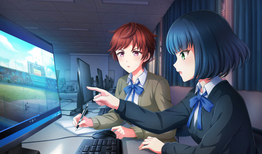 2girls arms_on_table black_cardigan black_hair blue_ribbon blunt_bangs brown_cardigan cardigan cinderella_series collared_shirt computer computer_keyboard computer_mouse curtains from_side game_cg green_eyes hachigatsu_no_cinderella_nine hand_on_table highres holding holding_pencil indoors long_sleeves looking_at_screen mechanical_pencil monitor multiple_girls neck_ribbon non-web_source notebook official_art on_chair open_cardigan open_clothes open_mouth pencil pointing red_eyes red_hair ribbon school_uniform senba_ayako shirt short_hair sitting suzuki_waka upper_body v-shaped_eyebrows white_shirt