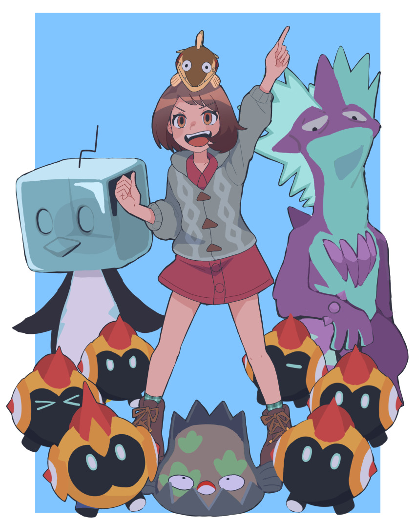 1girl :d absurdres arm_up arrokuda blue_background boots border brown_eyes brown_footwear brown_hair buttons cardigan clenched_hand commentary_request creatures_(company) dress eiscue eiscue_(ice) falinks galarian_form galarian_stunfisk game_freak gen_8_pokemon gloria_(pokemon) grey_cardigan highres index_finger_raised nanase_(trfok1) nintendo open_mouth pokemon pokemon_(creature) pokemon_swsh short_hair smile socks teeth tongue toxtricity toxtricity_(low_key) upper_teeth_only white_border