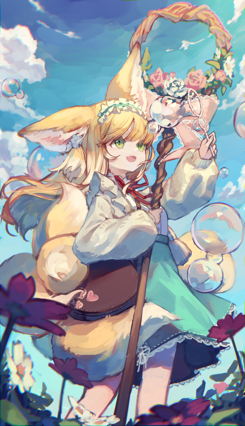 1girl absurdres animal_ears arknights blonde_hair blue_sky bubble_wand cloud commentary_request day fang field flower flower_field fox_ears fox_girl fox_tail green_eyes green_skirt highres holding holding_staff iasimo kitsune korean_commentary kyuubi long_hair long_sleeves multiple_tails neck_ribbon official_alternate_costume open_mouth puffy_long_sleeves puffy_sleeves red_ribbon ribbon skirt sky solo staff suzuran_(arknights) suzuran_(spring_praise)_(arknights) tail