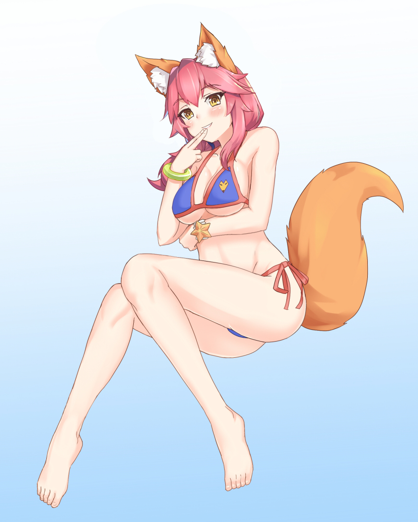 1girl animal_ears barefoot bikini blue_bikini blush breasts fate/grand_order fate_(series) female_focus fingers_to_mouth fox_ears fox_tail gradient_background highres invisible_chair large_breasts legs long_hair looking_at_viewer muji_(majunduo) naughty_face parted_lips pink_hair side-tie_bikini_bottom sitting smile solo swimsuit tail tamamo_(fate) tamamo_no_mae_(fate/extra) tamamo_no_mae_(swimsuit_lancer)_(fate) underboob yellow_eyes