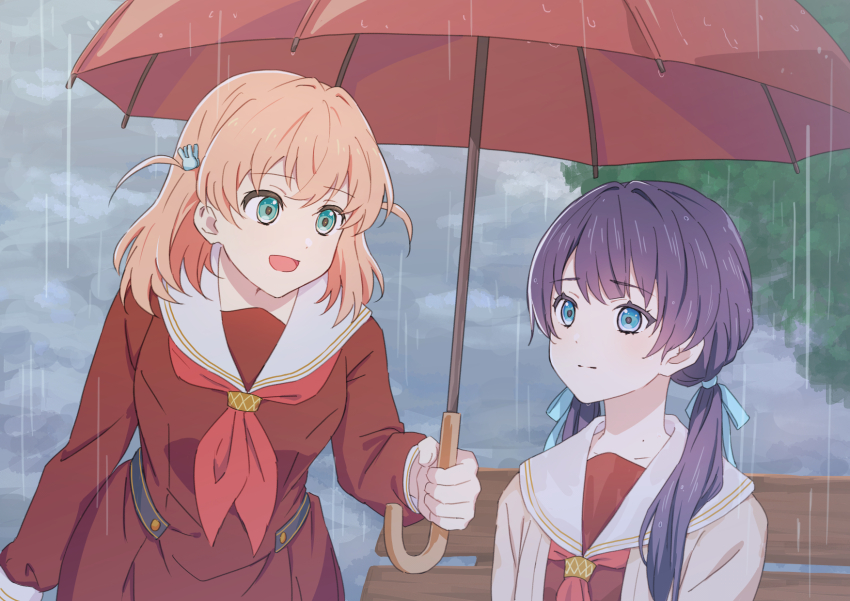 2girls :d aqua_eyes bench blue_eyes blue_hair blue_ribbon brown_cardigan brown_dress cardigan closed_mouth commentary crossed_bangs dark_blue_hair dress grey_sky hair_ornament hair_ribbon hasu_no_sora_school_uniform highres hinoshita_kaho holding holding_umbrella link!_like!_love_live! long_hair long_sleeves looking_at_another love_live! low_twintails medium_hair mole mole_on_neck multiple_girls murano_sayaka neckerchief nogreen open_cardigan open_clothes open_mouth orange_hair outdoors pleated_dress rabbit_hair_ornament rain red_neckerchief red_umbrella ribbon sailor_collar sailor_dress scene_reference school_uniform sky smile split_mouth twintails two_side_up umbrella virtual_youtuber white_sailor_collar winter_uniform wooden_bench