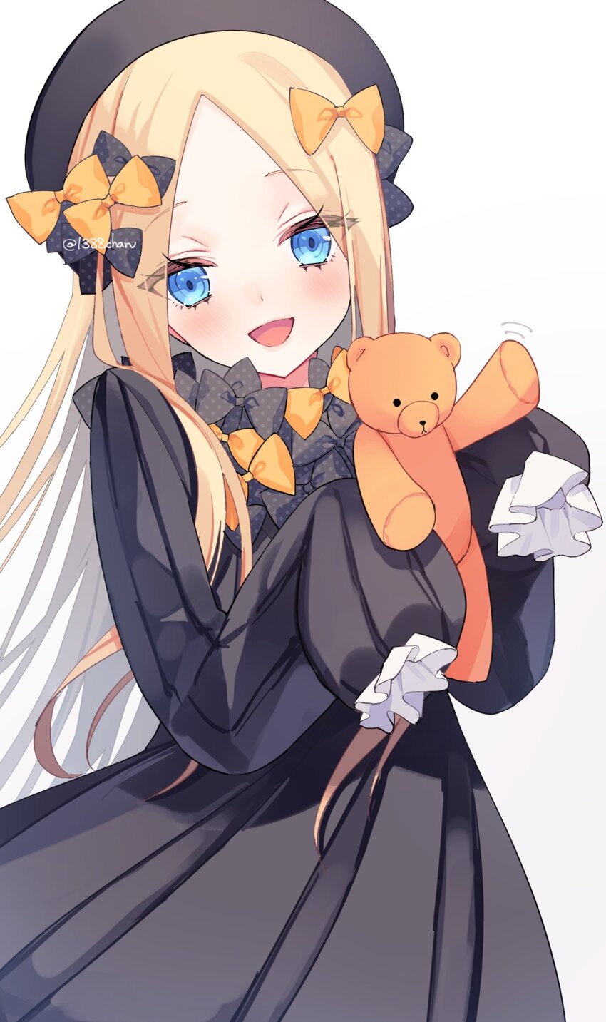 1388chan 1girl abigail_williams_(fate) black_bow black_dress black_hat blonde_hair blue_eyes blush bow breasts dress fate/grand_order fate_(series) forehead hair_bow hat highres long_hair long_sleeves looking_at_viewer open_mouth orange_bow parted_bangs ribbed_dress sleeves_past_fingers sleeves_past_wrists small_breasts smile solo stuffed_animal stuffed_toy teddy_bear