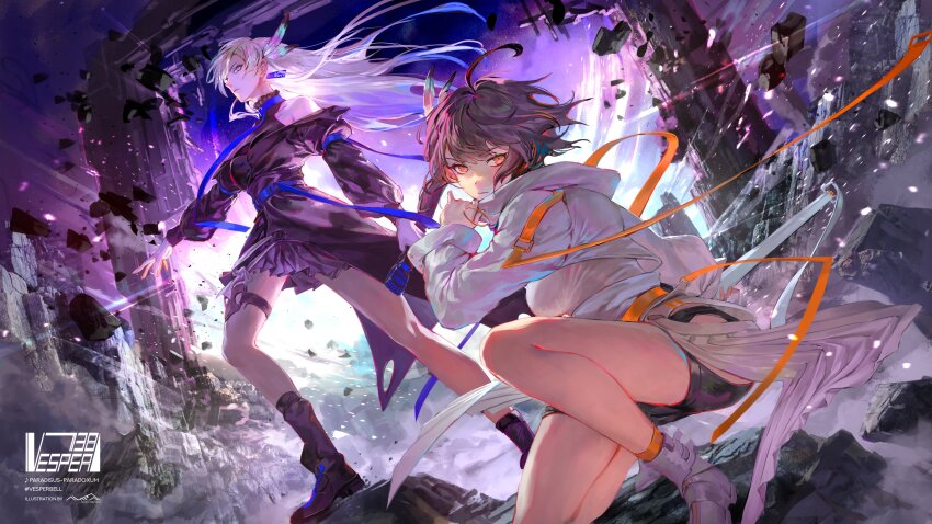 2girls absurdres apocalypse egawa_akira highres multiple_girls rock thigh_strap vesperbell white_hair