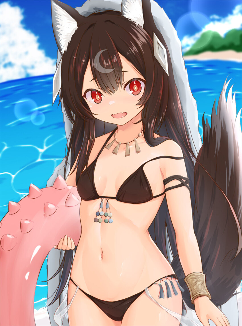 1girl animal_ears bikini black_bikini blanket blue_sky breasts brown_hair dog_ears dog_girl dog_tail fangs highres innertube jewelry lens_flare long_hair looking_at_viewer mementomori_(game) moddey_(mementomori) navel necklace ocean open_mouth rade_(rade_552) skin_fangs sky small_breasts stomach strap_slip swim_ring swimsuit tail