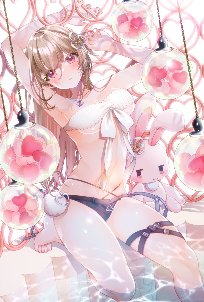 1girl armpits arms_behind_head arms_up ayaginu_temari bandeau bare_arms bare_shoulders barefoot black_shorts breasts brown_hair colored_inner_hair flower_knot hair_ribbon highres isekai_tensei_shite_v_ni_narimashita jewelry light_bulb long_hair looking_at_viewer macaroni medium_breasts micro_shorts midriff mole mole_under_eye multicolored_hair navel necklace parted_lips red_eyes ribbed_bandeau ribbon shorts sitting solo stomach strapless stuffed_animal stuffed_rabbit stuffed_toy thigh_strap thighs tube_top underboob virtual_youtuber water