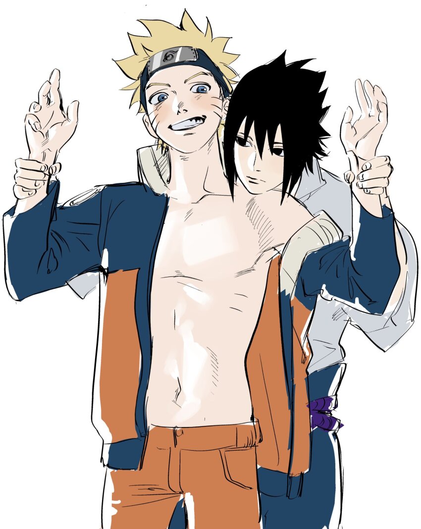 2boys arms_up bare_pectorals black_eyes blonde_hair blue_eyes blue_skirt closed_mouth collarbone collared_shirt commentary facial_mark forehead_protector grin hands_on_another&#039;s_wrists hashtag-only_commentary head_rest highres jacket long_sleeves looking_at_another looking_to_the_side male_focus multicolored_clothes multicolored_jacket multiple_boys naruto_(series) naruto_shippuuden navel open_clothes open_jacket orange_pants pants pectorals shirt short_hair sideways_glance simple_background single_bare_shoulder skirt smile teeth tinh_daubuoi uchiha_sasuke uzumaki_naruto whisker_markings white_background white_shirt wing_collar yaoi