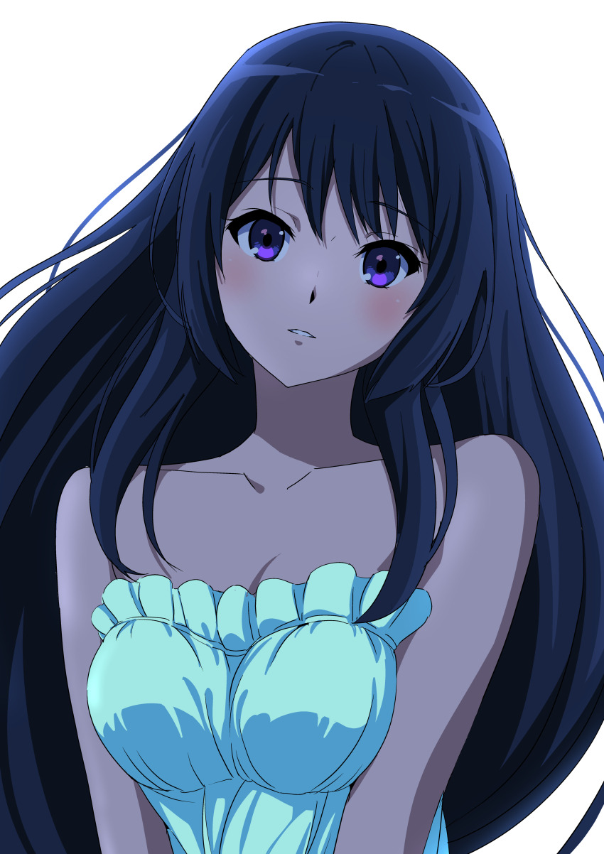 1girl absurdres bare_shoulders black_hair blue_dress blush breasts breasts_squeezed_together cleavage commentary_request dress female_focus frilled_dress frills hibike!_euphonium hide12862152 highres kousaka_reina long_hair looking_at_viewer medium_breasts parted_lips purple_hair solo solo_focus strapless strapless_dress