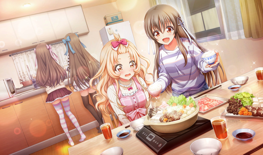 4girls :d aisaka_koko bangs_pinned_back black_thighhighs blonde_hair blue_bow bow bowl brown_hair brown_skirt carrot_slice chopsticks cinderella_series cup curtains drinking_glass dutch_angle food game_cg hachigatsu_no_cinderella_nine hair_bow hair_ribbon highres holding holding_bowl hotpot indoors lens_flare long_hair long_sleeves looking_at_another looking_at_food meat microwave miniskirt multiple_girls mushroom nabe no_shoes non-web_source official_art on_chair open_mouth orange_eyes pink_bow portable_stove red_bow refrigerator ribbon rice rice_bowl shiina_juri shiina_mari shiina_yukari_(hachigatsu_no_cinderella_nine) shiitake shirt sitting skirt smile sparkle standing striped_clothes striped_shirt striped_thighhighs thighhighs tofu wavy_hair white_ribbon white_skirt window