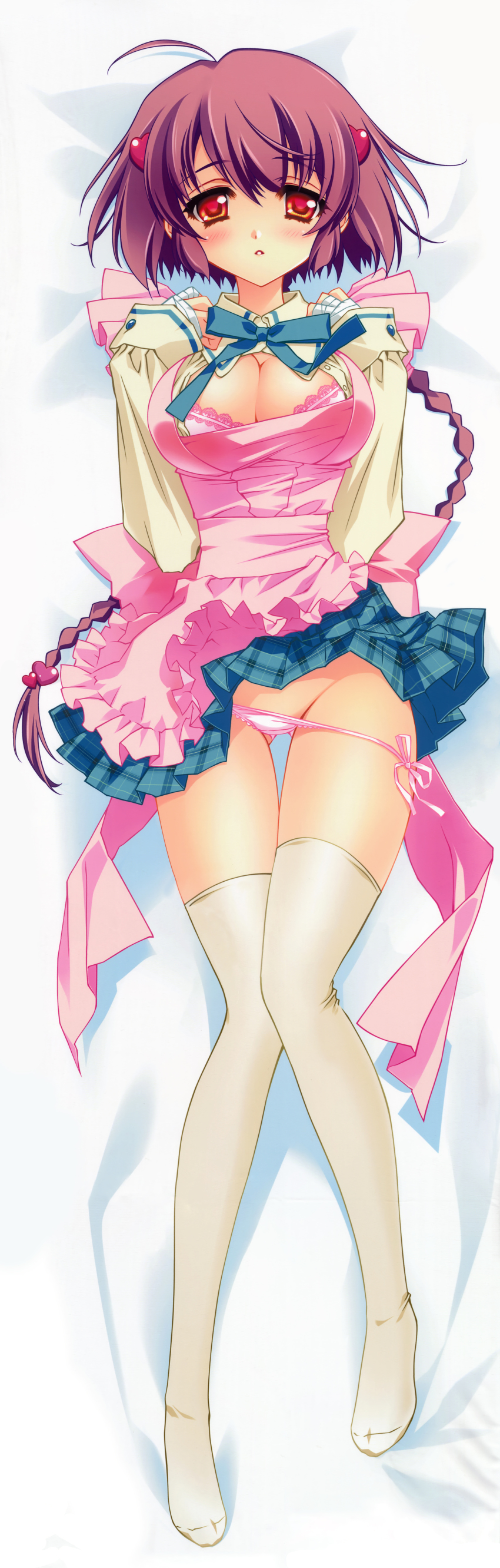 1girl absurdres apron bra breasts carnelian cleavage dakimakura_(medium) female_focus fujita_nodoka full_body hair_ornament heart heart_hair_ornament highres large_breasts lingerie long_image panties para-sol scan side-tie_panties solo tall_image thighhighs underwear zettai_ryouiki