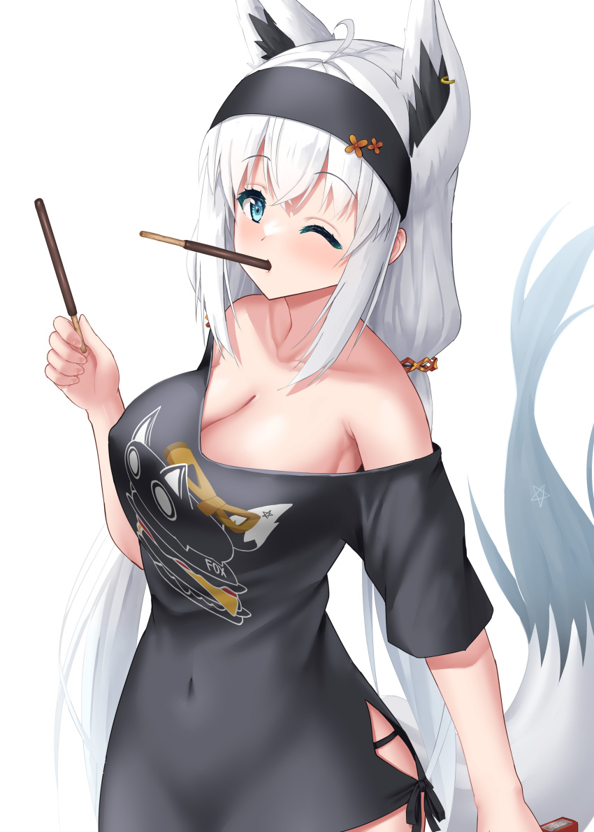 1girl absurdres ahoge animal_ear_fluff animal_ears black_headband black_panties black_shirt braid breasts cleavage commentary_request earrings extra_ears food fox_ears fox_girl fox_tail green_eyes hair_between_eyes headband highres hololive jewelry long_hair looking_at_viewer medium_breasts one_eye_closed panties pocky shirakami_fubuki shirakami_fubuki_(loungewear) shirt sidelocks simple_background single_braid solo tail uehiro underwear virtual_youtuber white_background white_hair