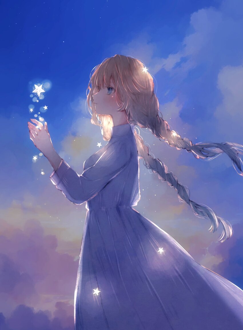 1girl anna_(k0130) blonde_hair blue_dress blue_hair braid cloud cloudy_sky dress from_side hair_between_eyes hand_up highres long_hair original outdoors sky solo star_(sky) star_(symbol) twin_braids upper_body