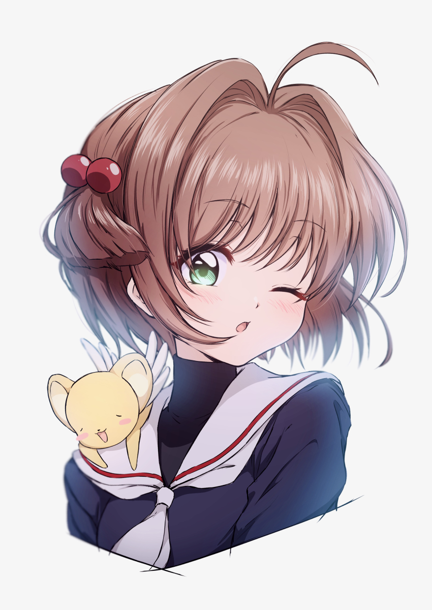 1girl absurdres ahoge black_shirt brown_hair cardcaptor_sakura commentary_request creature creature_on_shoulder green_eyes hair_bobbles hair_intakes hair_ornament head_tilt highres kero_(cardcaptor_sakura) kinomoto_sakura looking_at_viewer neckerchief nishizuki_shino on_shoulder one_eye_closed open_mouth sailor_collar school_uniform shirt short_hair simple_background solo tomoeda_elementary_school_uniform turtleneck upper_body white_background white_neckerchief white_sailor_collar