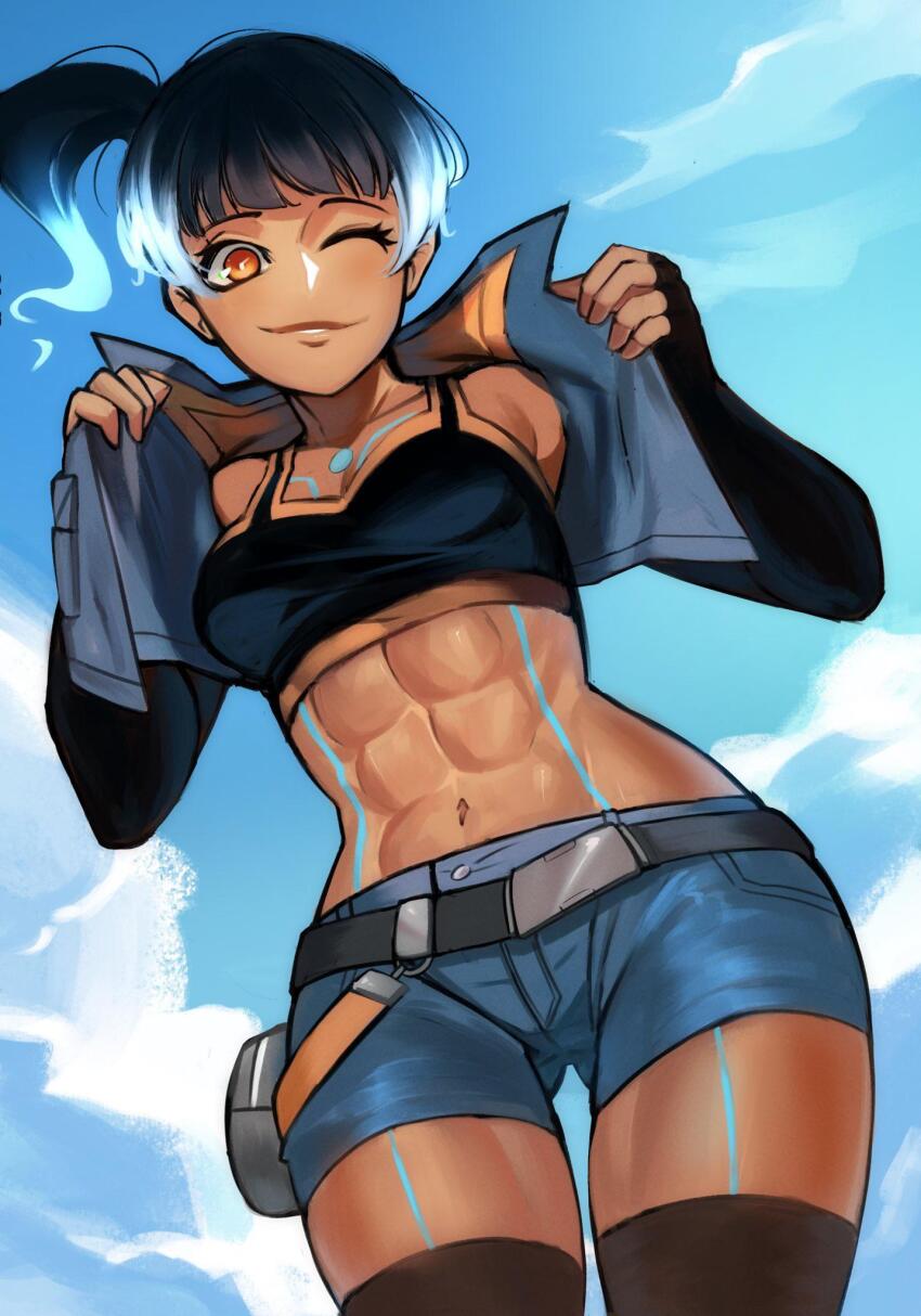 1girl abs belt black_sports_bra black_thighhighs breasts cowboy_shot cropped_jacket day fiery_hair gluteal_fold highres medium_breasts midriff navel one_eye_closed orange_eyes outdoors scumworkz sena_(xenoblade) shorts side_ponytail solo sports_bra thighhighs xenoblade_chronicles_(series) xenoblade_chronicles_3