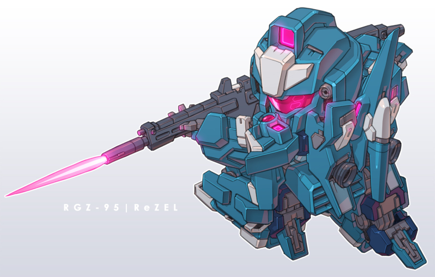 assault_visor beam_rifle character_name chibi commentary energy_gun grey_background gun gundam gundam_unicorn holding holding_gun holding_weapon mecha mecha_focus mobile_suit no_humans red_visor rezel robot science_fiction sd_gundam simple_background solo susagane thrusters weapon