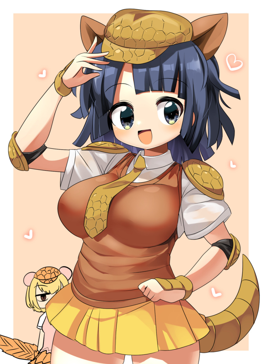 2girls armadillo_ears armadillo_tail black_eyes black_hair blonde_hair blush breasts brown_background brown_hat brown_necktie brown_vest cabbie_hat collared_shirt commentary_request cowboy_shot elbow_pads giant_armadillo_(kemono_friends) giant_pangolin_(kemono_friends) hat heart highres kemono_friends large_breasts lets0020 looking_at_viewer medium_hair miniskirt multiple_girls necktie open_mouth shirt short_hair skirt smile solo_focus two-tone_background vest white_shirt yellow_skirt