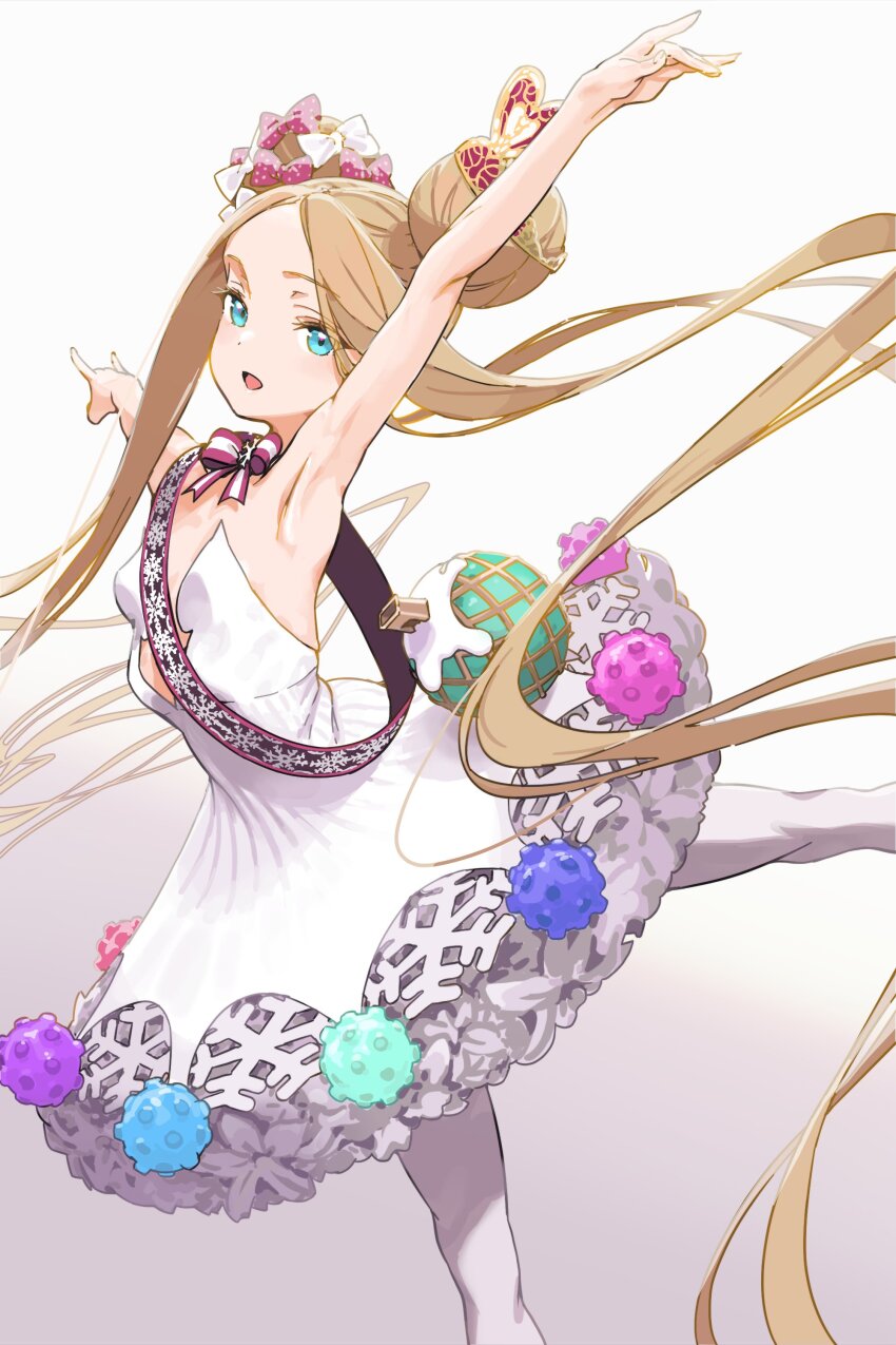 1girl abigail_williams_(fate) abigail_williams_(santa)_(fate) absurdres armpits bare_shoulders blonde_hair blue_eyes bow child double_bun dress fate/grand_order fate_(series) haimura_kiyotaka hair_bow hair_bun hair_ornament hashtag-only_commentary highres long_hair open_mouth pantyhose parted_bangs pirouette simple_background sleeveless sleeveless_dress smile solo standing standing_on_one_leg strapless strapless_dress white_bow white_dress white_pantyhose