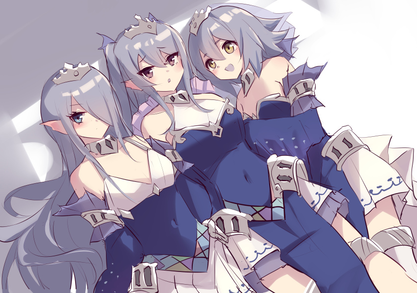 3girls absurdres blue_eyes brown_eyes choker colored_tongue covered_navel detached_sleeves dress duel_monster fish_girl grey_hair hair_between_eyes hair_over_one_eye halter_dress halterneck highres kanzakietc light_blush long_hair multiple_girls open_mouth pelvic_curtain pointy_ears short_hair sidelocks tearlaments_havnis tearlaments_merrli tearlaments_scheiren thighhighs tiara veil yu-gi-oh!