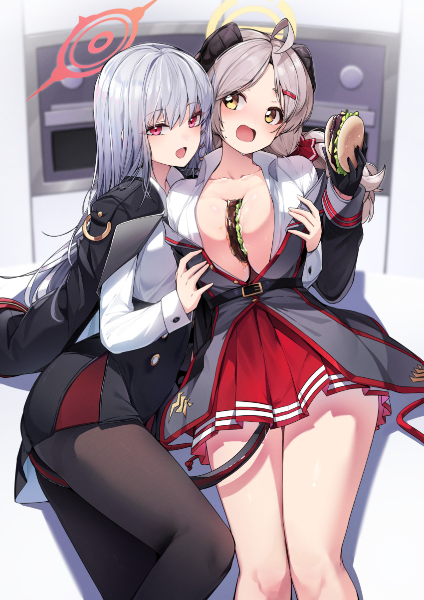 2girls ahoge bare_legs black_gloves black_jacket black_pantyhose black_skirt blue_archive breasts burger center_opening cleavage collarbone commentary_request curled_horns ddangbi demon_girl demon_horns demon_tail feet_out_of_frame food food_between_breasts gloves grabbing_another&#039;s_breast grey_hair groping halo haruna_(blue_archive) highres holding holding_burger holding_food horns izumi_(blue_archive) jacket jacket_on_shoulders large_breasts light_brown_hair long_hair looking_at_another looking_at_viewer miniskirt multiple_girls open_clothes open_mouth open_shirt pantyhose pleated_skirt red_eyes red_halo red_skirt shirt skirt tail thighs white_hair white_shirt yellow_eyes yellow_halo yuri