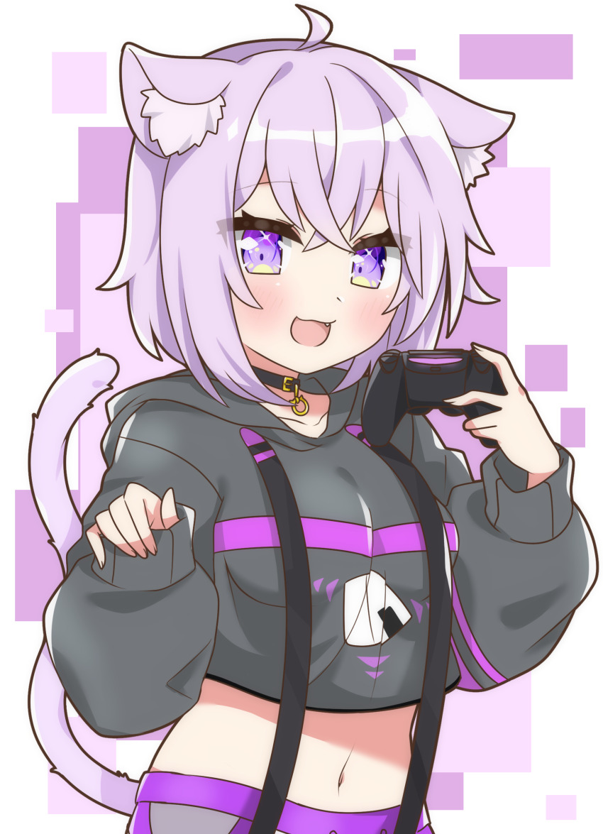 1girl absurdres animal_ears black_jacket blush_stickers collarbone controller fang game_controller highres holding holding_controller holding_game_controller hololive jacket joystick midriff mochimochi_kinako. navel nekomata_okayu open_mouth purple_eyes purple_hair smile solo tail virtual_youtuber