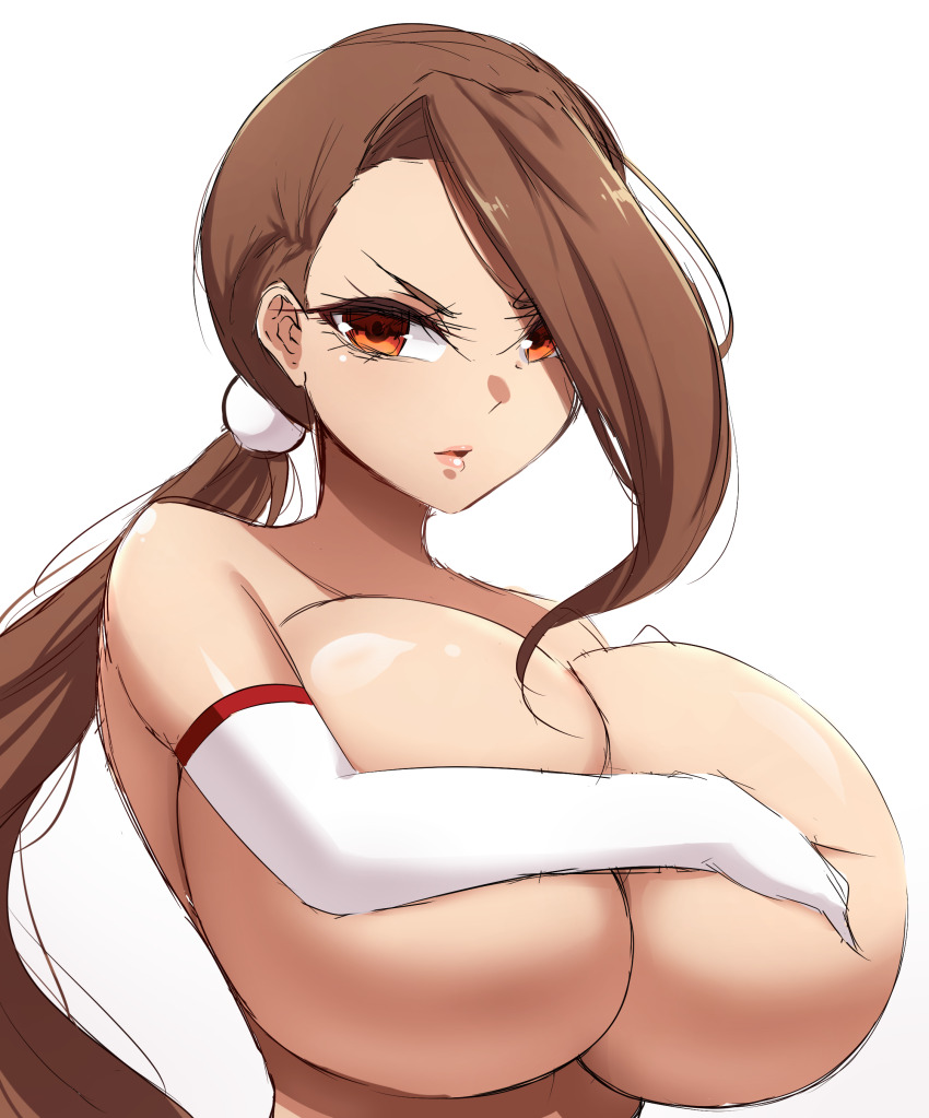 1girl absurdres angry breasts brown_eyes brown_hair challengia collarbone elbow_gloves gloves hair_ornament hand_on_own_breast highres huge_breasts long_hair looking_at_viewer mistynight nchans nchans_style nude ponytail qsuchan simple_background white_background white_gloves