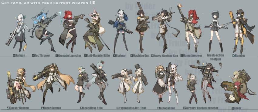 6+girls absurdres ac-8_autocannon ammunition_backpack anti-materiel_rifle apw-1_anti-material_rifle arc-3_arc_thrower armor autocannon bipod black_hair black_thighhighs blue_hair break_action cannon coat eat-17_expendable_anti-tank electricity eyewear_on_head faf-14_spear flam-40_flamethrower flamethrower frider gl-21_grenade_launcher goggles gr-8_recoilless_rifle green_coat grenade_launcher grey_coat grey_hair gun headgear heavy_machine_gun helldivers_(series) highres las-98_laser_cannon laser_cannon m-105_stalwart m-25_rumber machine_gun mg-206_heavy_machine_gun mg-43_machine_gun mortar_(weapon) multiple_girls night_vision_device personification railgun red_hair rifle rl-77_airburst_rocket_launcher rocket_launcher rs-422_railgun sg-88_break_action_shotgun shotgun siblings sisters sitting sniper_rifle stool sunglasses tachi-e thighhighs twins weapon white_hair