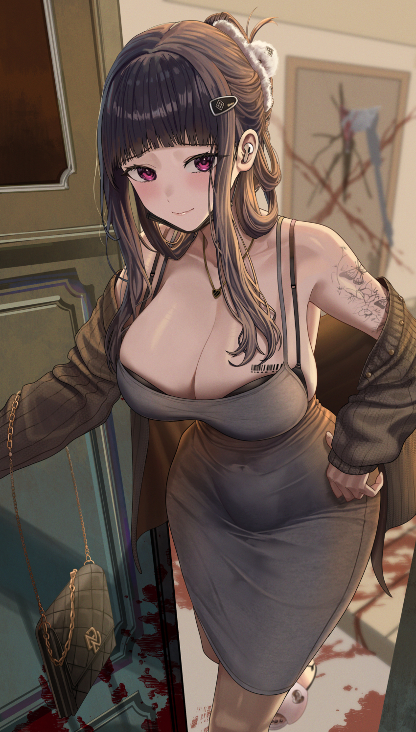 1girl barcode barcode_tattoo bare_shoulders black_bra black_hair black_jacket blush bra breast_tattoo breasts butterfly_tattoo cleavage collarbone d_(killer_wife)_(nikke) d_(nikke) dress goddess_of_victory:_nikke grey_dress hair_ornament hairclip half_updo highres implied_murder jacket jewelry large_breasts long_hair long_sleeves looking_at_viewer necklace off_shoulder purple_eyes sidelocks silvertsuki smile solo tattoo underwear