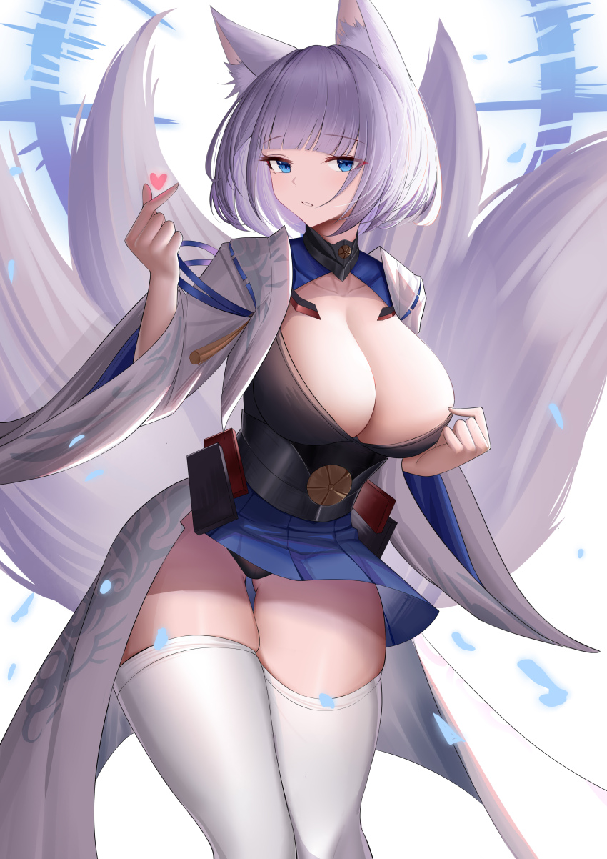 1girl absurdres animal_ears azur_lane black_panties blue_eyes blue_skirt breasts cleavage finger_heart fox_ears fox_girl fox_tail highres japanese_clothes kaga_(azur_lane) kimono kitsune kyuubi lahz52 large_breasts large_tail looking_at_viewer metal_belt miniskirt multiple_tails panties pantyshot pleated_skirt sakuramon short_hair skirt solo tail thighhighs underwear white_hair white_kimono white_tail white_thighhighs wide_sleeves