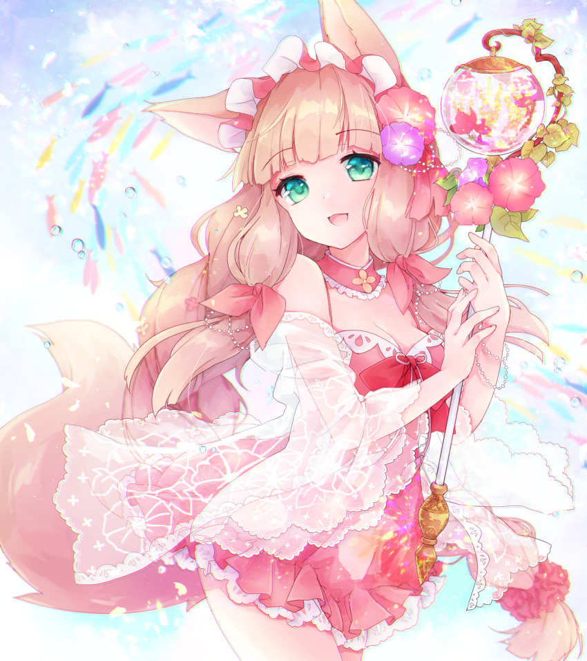 1girl :d animal animal_ear_fluff animal_ears bare_shoulders blunt_bangs blurry blurry_background blush breasts brown_hair cleavage commentary_request depth_of_field dress fish flower fox_ears fox_girl fox_tail green_eyes hair_flower hair_ornament hair_ribbon highres holding holding_staff long_hair long_sleeves looking_at_viewer maho_(princess_connect!) maho_(summer)_(princess_connect!) medium_breasts open_mouth orb pink_dress pink_flower princess_connect! purple_flower red_ribbon ribbon see-through_clothes shichijou_natori sidelocks smile solo staff strapless strapless_dress tail very_long_hair wide_sleeves