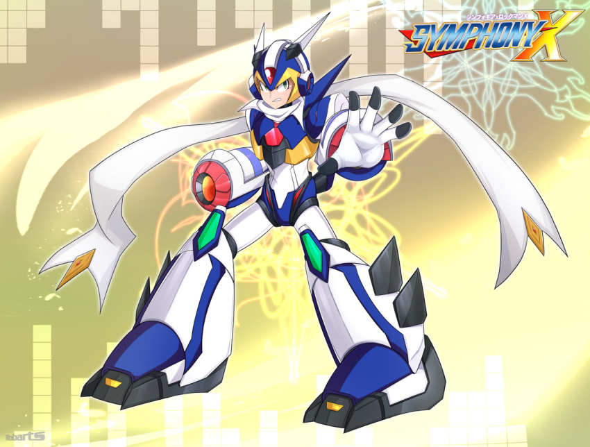 1boy arm_cannon armor artist_name blue_armor blue_shorts bodysuit brown_hair closed_mouth crossover fighting_stance gauntlets gloves green_eyes headgear long_scarf mega_man_(series) mega_man_x_(series) multicolored_gloves orange_background red_crystal robarts_hallway scarf senki_zesshou_symphogear short_hair shorts shoulder_pads solo standing tachibana_hibiki_(symphogear) tachibana_hibiki_(symphogear)_(cosplay) teeth v-shaped_eyebrows weapon white_scarf x_(mega_man)