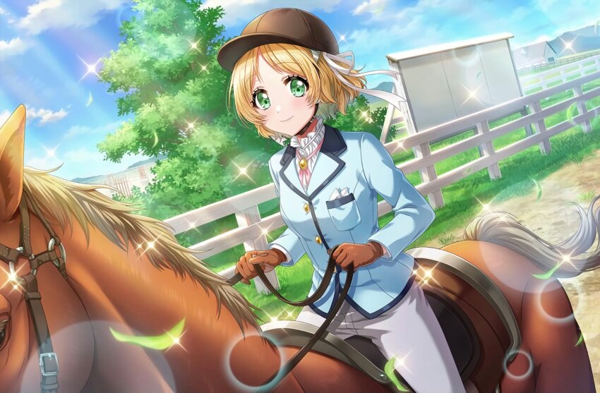 1girl blonde_hair blue_sky d4dj farm fence green_eyes helmet highres holding holding_reins horse horseback_riding outdoors reins riding riding_outfit saddle sky smile solo takeshita_miiko tree