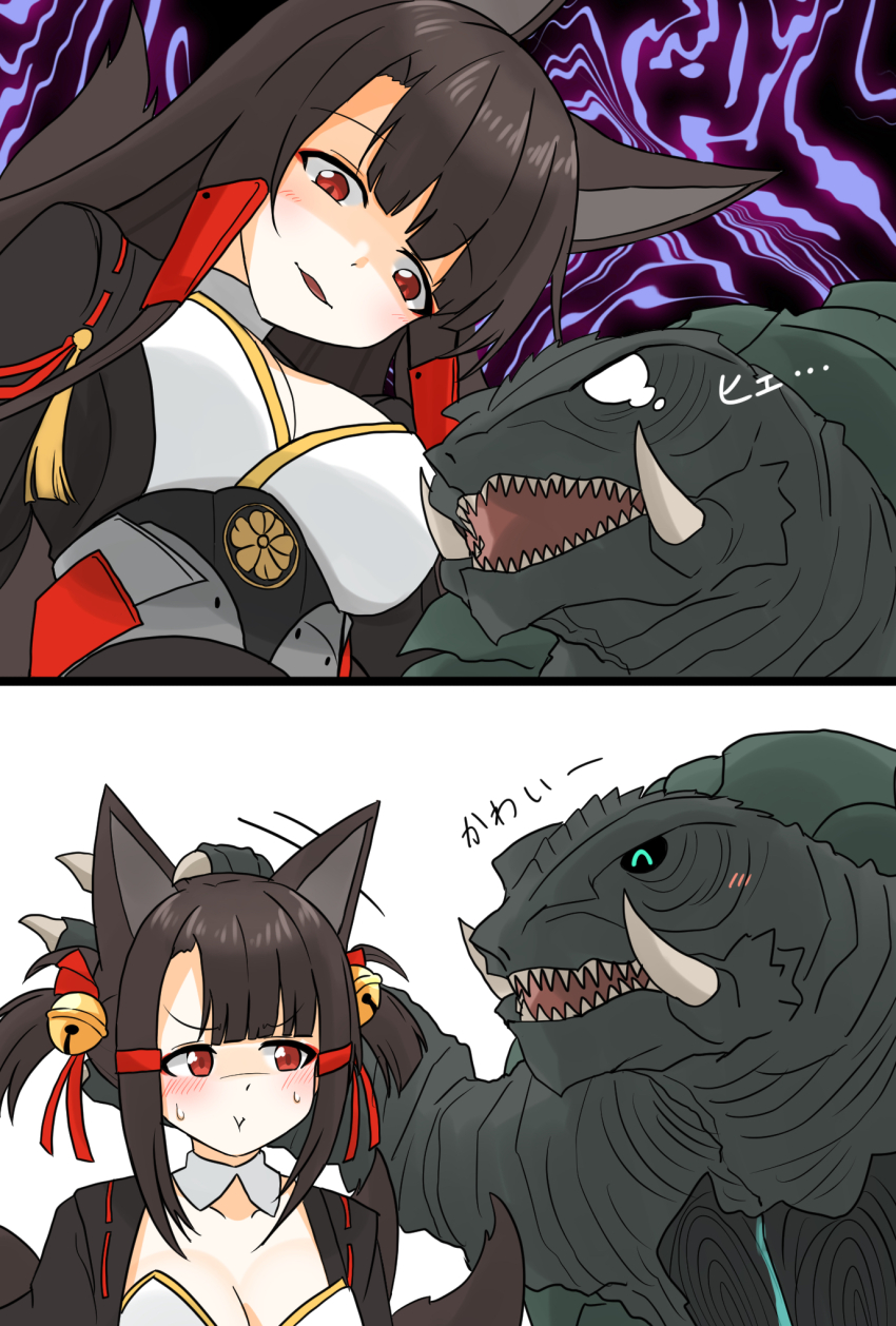 1other 2girls akagi-chan_(azur_lane) akagi_(azur_lane) animal_ears azur_lane bell black_kimono blush breasts brown_hair brown_tail engi_(animation_studio) eyeshadow fangs fox_ears fox_girl fox_tail gamera gamera_(series) gamera_-rebirth- giant giant_monster hair_bell hair_ornament headpat highres ibuki_(tulta_icon) japanese_clothes kadokawa kaiju kimono kitsune kyuubi long_hair makeup medium_breasts metal_belt monster multiple_girls multiple_tails open_mouth red_eyes red_eyeshadow ribbon-trimmed_kimono ribbon_trim sakuramon sharp_teeth short_hair skirt small_breasts sweatdrop tail teeth tortoise turtle twintails wide_sleeves