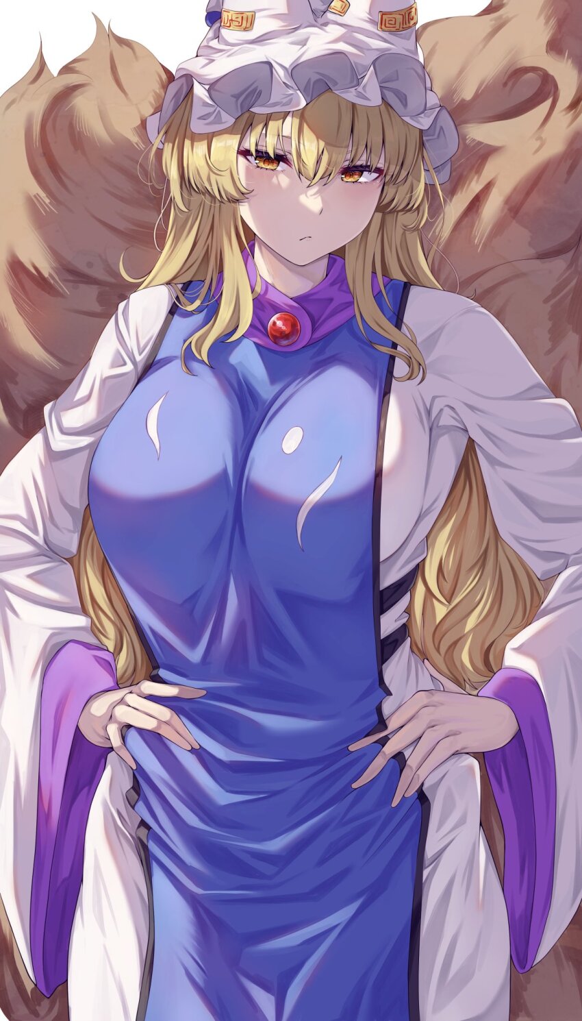 1girl animal_ears animal_hat blonde_hair blue_tabard breasts commentary_request cowboy_shot dress fox_ears fox_tail hands_on_own_hips hat highres kitsune large_breasts long_hair long_sleeves looking_at_viewer mirufui mob_cap multiple_tails orange_eyes solo tabard tail touhou white_dress wide_sleeves yakumo_ran