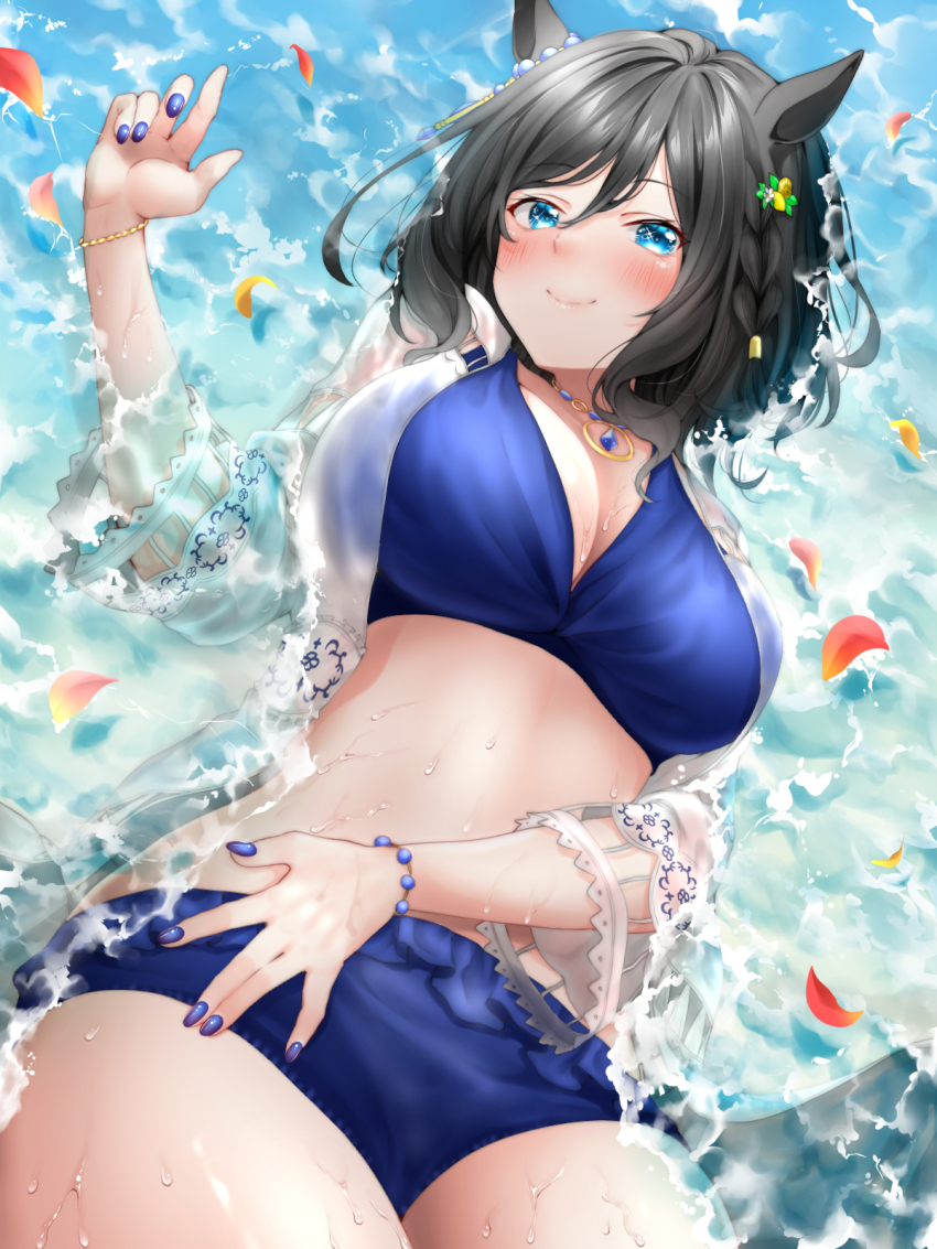 1girl alternate_hairstyle animal_ears black_hair blush breasts cleavage closed_mouth collarbone commentary_request eishin_flash_(umamusume) fingernails hair_ornament highres horse_ears horse_girl jewelry large_breasts looking_at_viewer necklace official_alternate_costume petals red_hayao smile solo swimsuit umamusume water