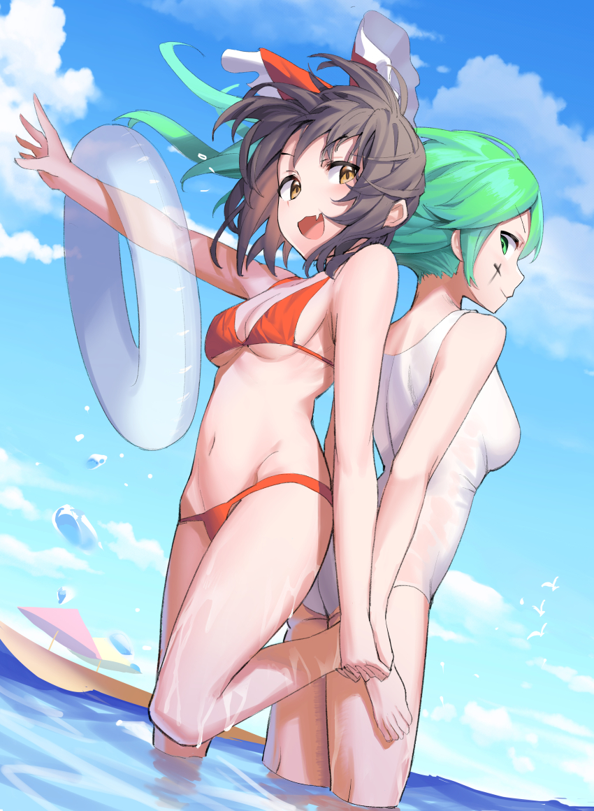 2girls :d absurdres alternate_costume back-to-back barefoot beach_umbrella benikurage_(cookie) bikini blue_sky blush bow breasts brown_eyes brown_hair cleavage closed_mouth cloud cookie_(touhou) cross day dutch_angle facepaint floating_hair foot_out_of_frame frilled_bow frills green_eyes green_hair hakurei_reimu highres holding holding_hands holding_swim_ring innertube kochiya_sanae long_hair looking_at_viewer medium_breasts multiple_girls navel nekokatana_catana ocean one-piece_swimsuit open_mouth outdoors paseri_(cookie) red_bikini red_bow short_hair sky smile swim_ring swimsuit touhou umbrella water white_one-piece_swimsuit