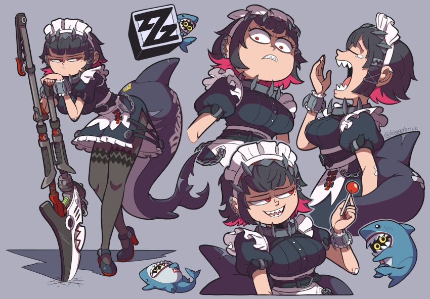 1girl angry bigggbrick black_hair breasts colored_inner_hair ellen_joe fins fish_tail large_breasts maid_headdress metal_hairband mole mole_under_eye multicolored_hair red_eyes red_hair red_nails scar scar_on_tail shark_girl shark_tail sharkboo_(zenless_zone_zero) sharp_teeth short_hair smile spiked_headband standing sweat tail teeth two-tone_hair yawning zenless_zone_zero