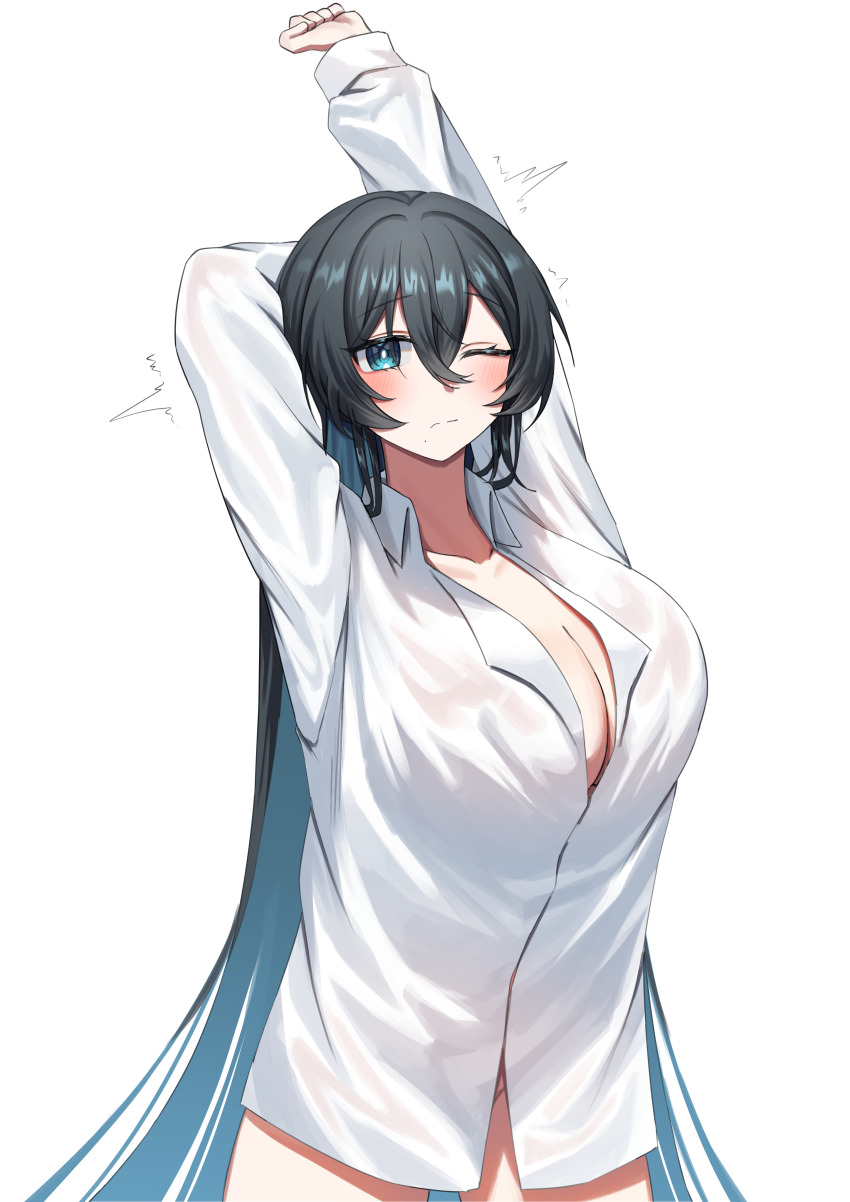 1girl ;/ absurdres aqua_eyes aqua_hair arm_behind_head arms_up black_hair blush breasts bright_pupils cleavage collared_shirt colored_inner_hair commentary commission counter:side cowboy_shot dress_shirt english_commentary hair_between_eyes highres jinggun large_breasts long_hair long_sleeves mole mole_under_mouth motion_lines multicolored_hair naked_shirt one_eye_closed partially_unbuttoned plaga_(counter:side) raised_eyebrows shirt simple_background solo stretching twitching very_long_hair white_background white_pupils white_shirt