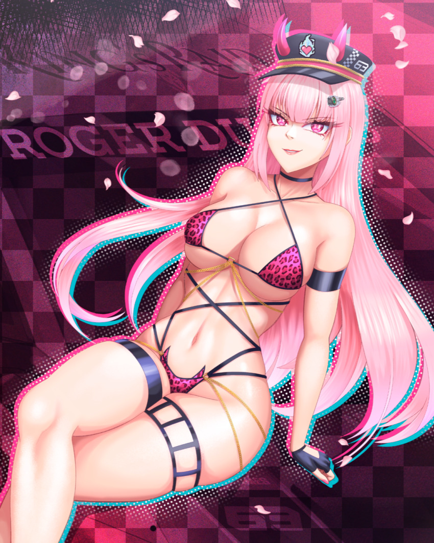 1girl animal_print bikini black_gloves black_hat breasts chromatic_aberration cleavage commission fingerless_gloves gloves hat highres horns imrinzlergtz_art king&#039;s_raid leopard_print looking_at_viewer medium_breasts pansirone parted_lips petals pink_bikini pink_eyes pink_hair pixiv_commission sitting skindentation smile solo swimsuit thigh_strap v-shaped_eyebrows