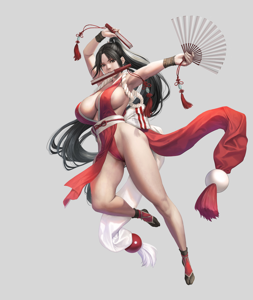 1girl areola_slip armpits bare_legs bare_shoulders black_hair bow breasts brown_eyes covered_erect_nipples fatal_fury folded_fan folding_fan full_body grey_background hand_fan high_ponytail highres holding holding_fan japanese_clothes jeneral jumping kimono large_breasts long_hair looking_at_viewer midair midriff_peek mouth_hold ninja no_bra obi parted_bangs pelvic_curtain ponytail pubic_stubble red_kimono revealing_clothes revision rope sash shiranui_mai sideboob simple_background sleeveless sleeveless_kimono socks solo street_fighter street_fighter_6 tabi the_king_of_fighters thighs very_long_hair waistband wristband