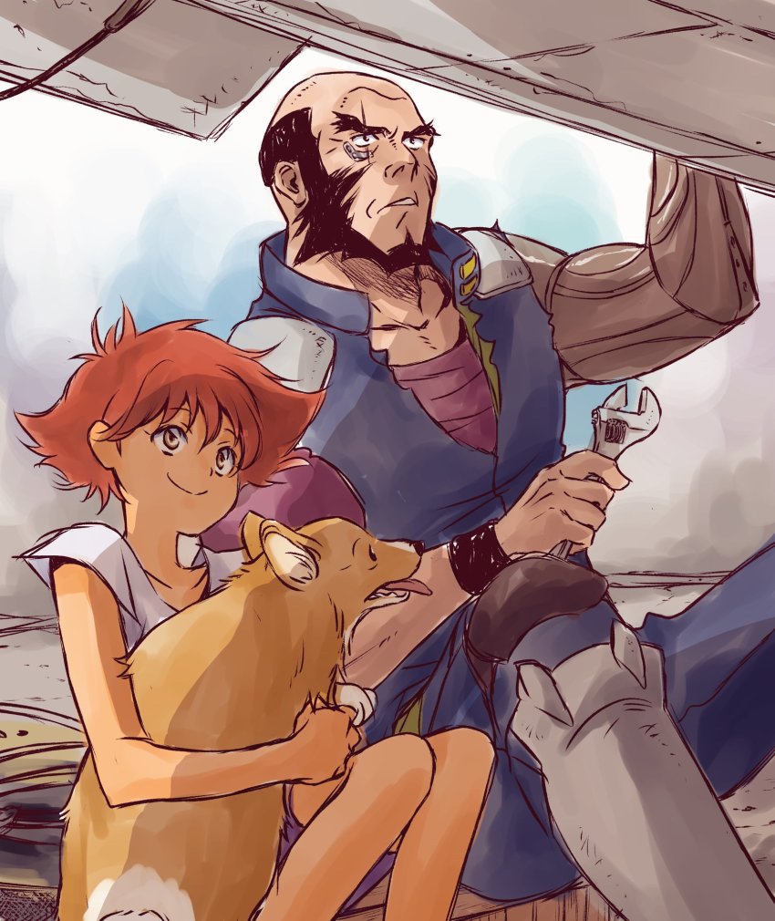 1boy 1girl animal bald beard cowboy_bebop dog edward_wong_hau_pepelu_tivrusky_iv ein_(cowboy_bebop) facial_hair highres jet_black mechanical_arms orange_hair prosthesis prosthetic_arm scar scar_across_eye scar_on_face single_mechanical_arm smile tobalin