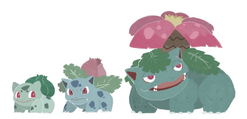 animal_focus bulbasaur claws commentary creatures_(company) evolutionary_line fangs full_body game_freak gen_1_pokemon highres ivysaur nintendo no_humans nostrils open_mouth pokemon pokemon_(creature) red_eyes simple_background uchu_imagawa venusaur white_background