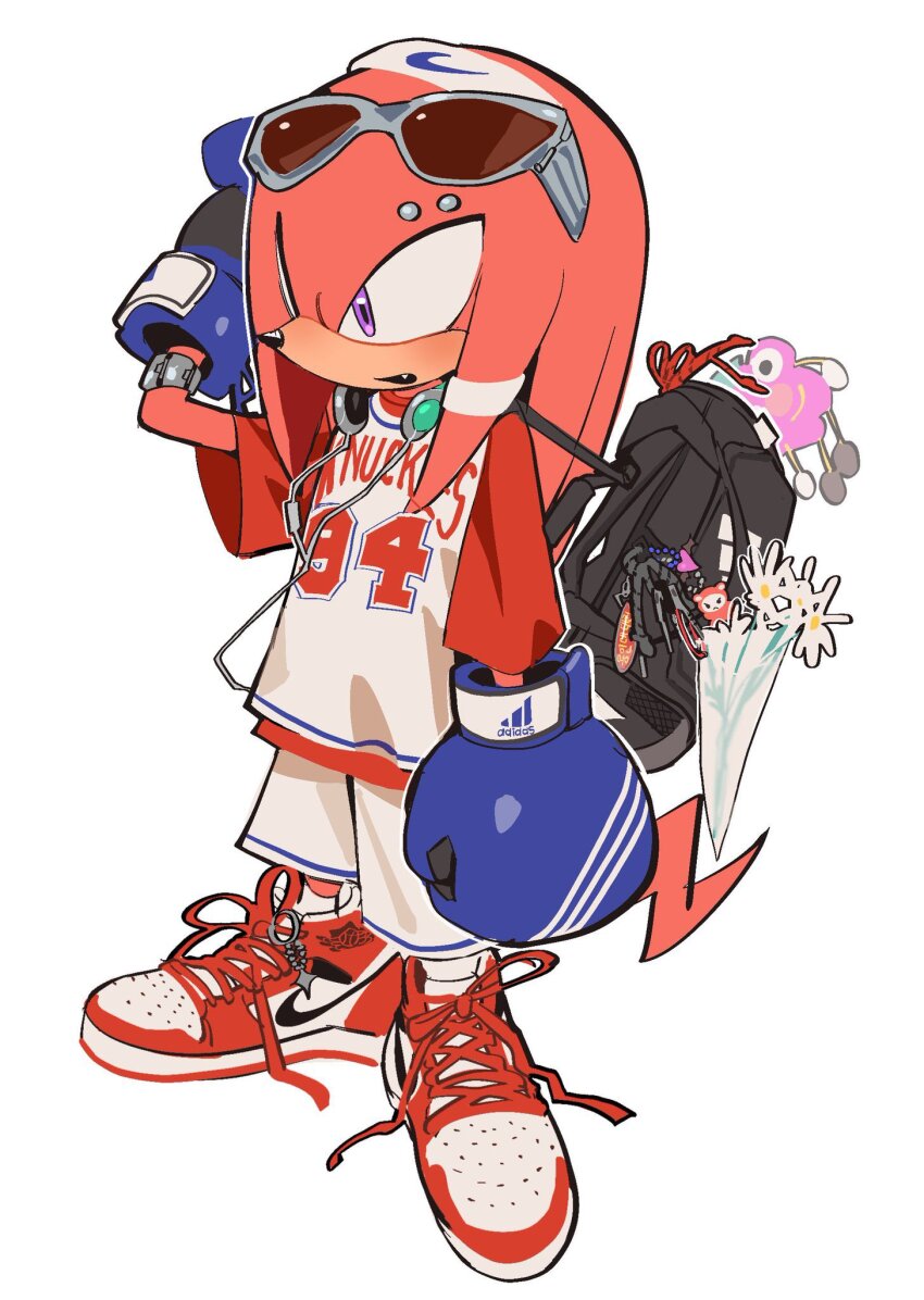 1boy air_jordan animal_ears animal_nose backpack bag bag_charm basketball_jersey boxing_gloves charm_(object) eyebrow_piercing eyewear_on_head flower furry furry_male hand_on_own_head headband headphones headphones_around_neck highres knuckles_the_echidna kosherea open_mouth piercing purple_eyes red_fur shirt shoes short_tail shorts sonic_(series) standing sunglasses t-shirt tail